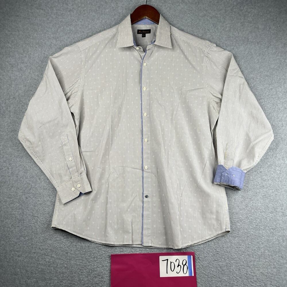 Ben Sherman Shirt Large Blue Yellow Striped Flip Cuff Button Up Long Sleeve Mens